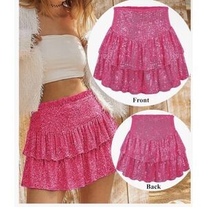 Women Sequin Skirt Sparkly High Waist Ruffle Flowy Shiny Glitter Mini Club Skirt